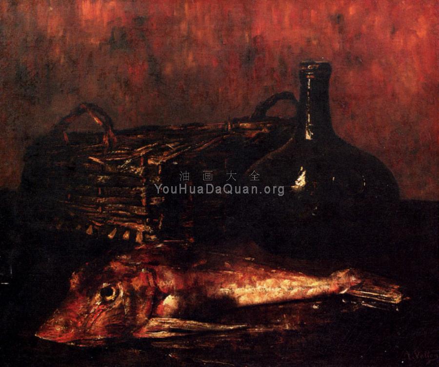 A Still Life With A Fish A Bottle And A Wicker Basket - 安东尼·沃伦